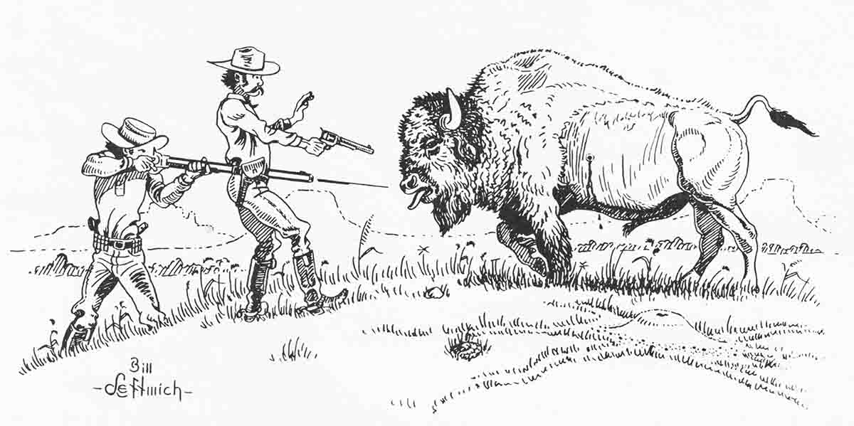 “I shot past him and dropped the bull at his feet.” Sketch by Bill Leftwich.